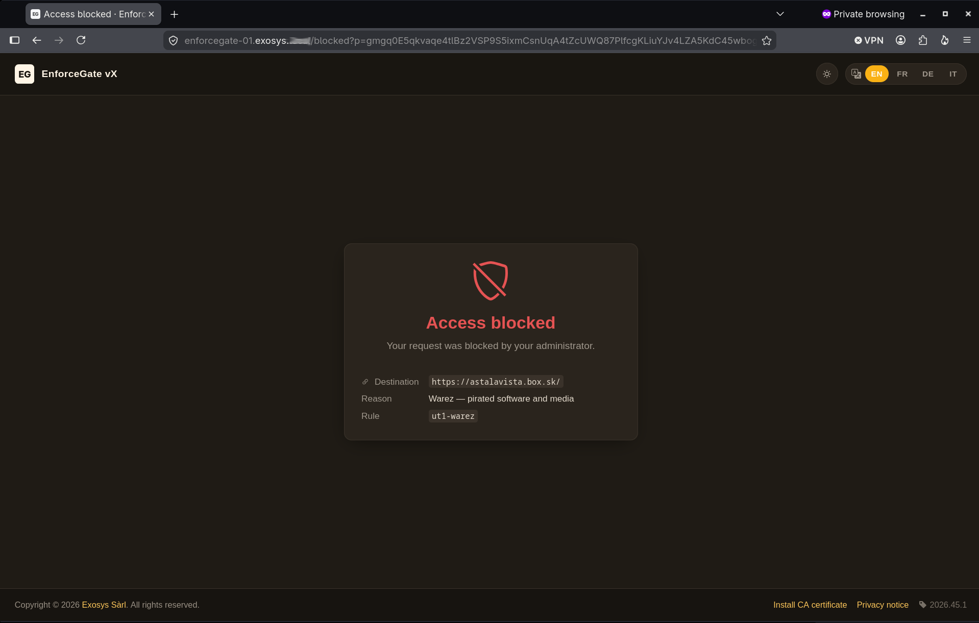 The captive portal's /blocked page rendered against a UT1 "warez" category deny — dark mode, EN/FR/DE/IT language switcher, destination + reason + rule detail card, footer with the "Install CA certificate" link and the portal version tag